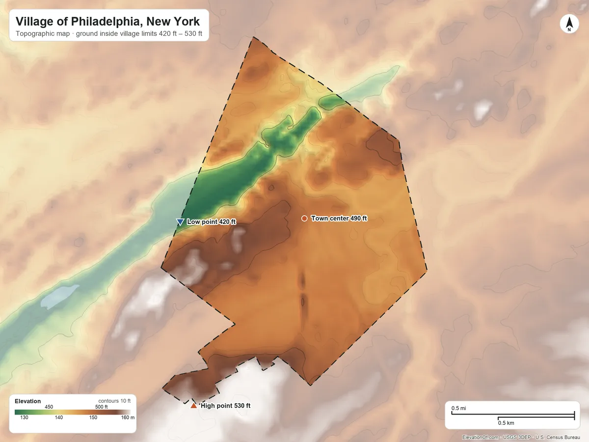 Topographic elevation map of Village of Philadelphia, New York, shaded from 420 ft on the west side to 530 ft on the southwest side
