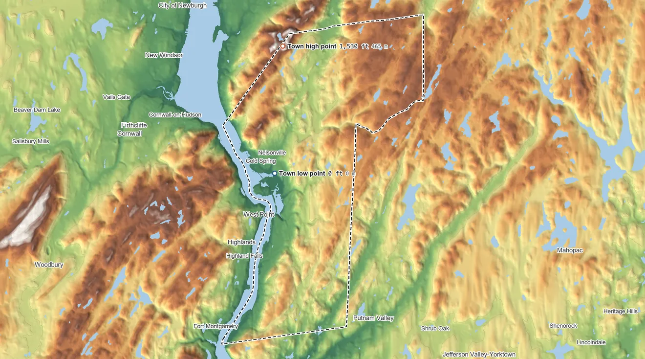 Topographic elevation map of Philipstown, New York, shaded from sea level level on Foundry Cove to 1,530 ft on the north side