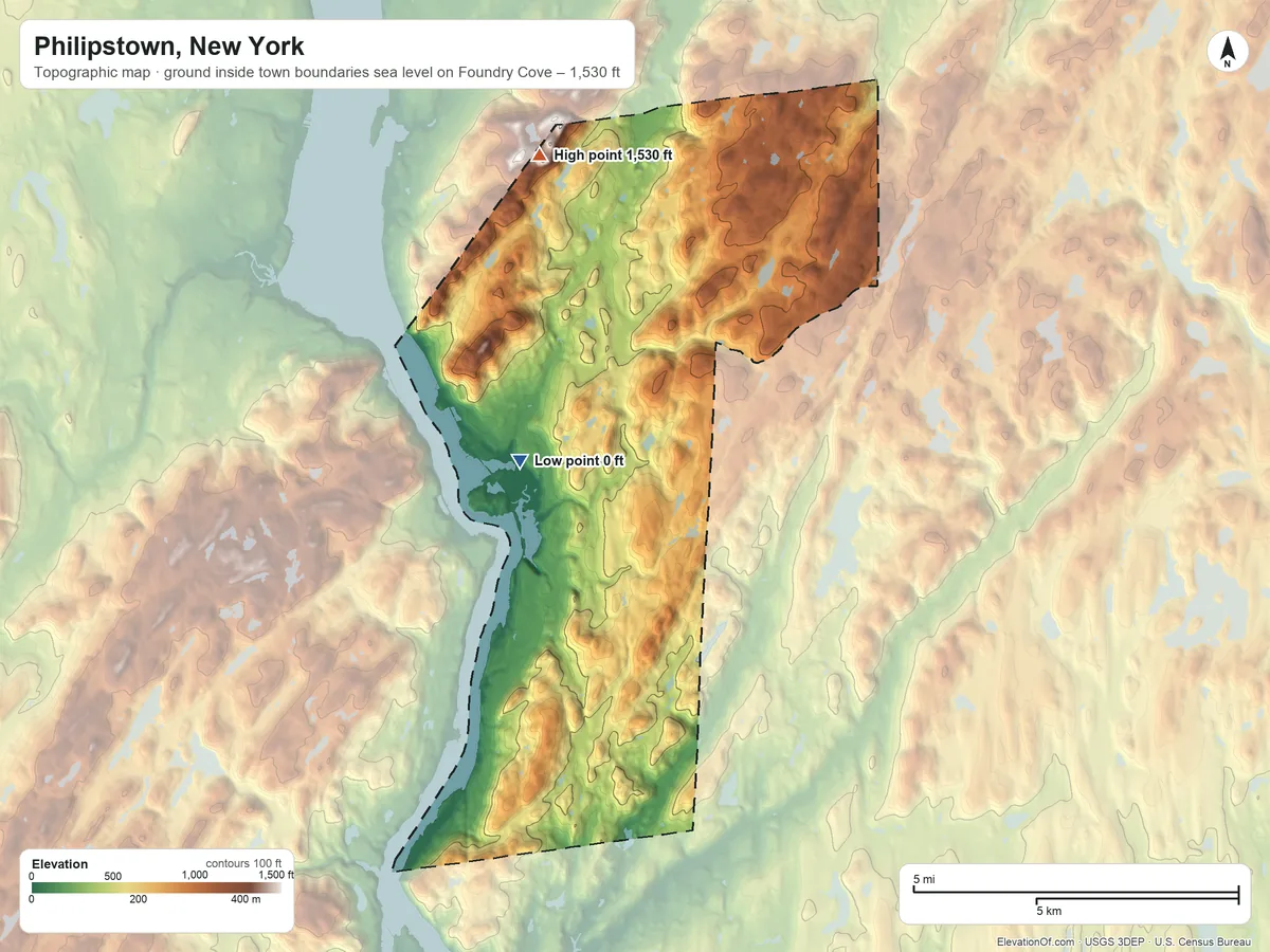 Topographic elevation map of Philipstown, New York, shaded from sea level level on Foundry Cove to 1,530 ft on the north side