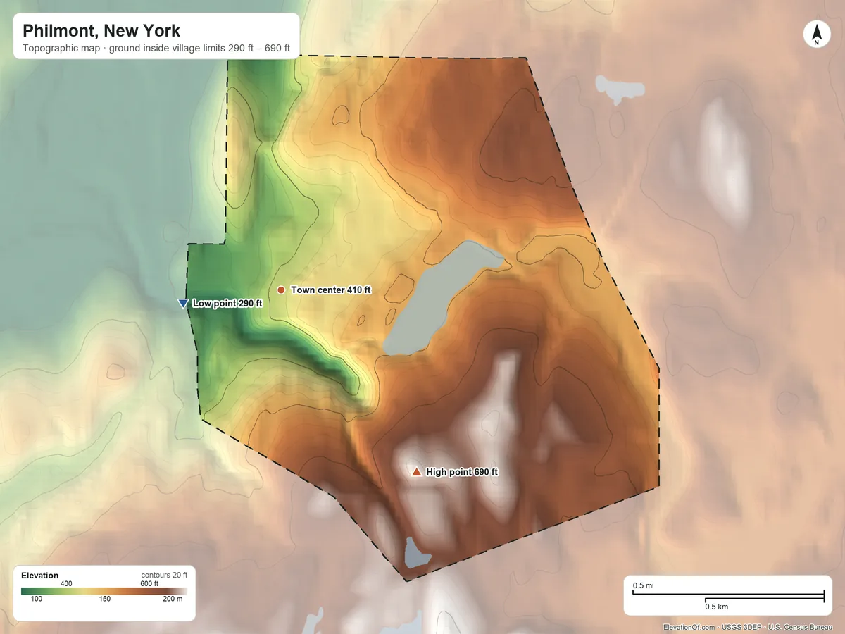 Topographic elevation map of Philmont, New York, shaded from 290 ft on the west side to 690 ft on the southeast side