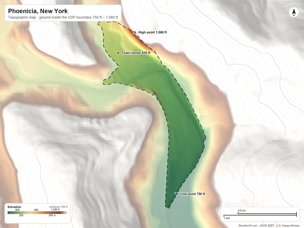 Topographic elevation map of Phoenicia, New York, shaded from 750 ft on the south side to 1,060 ft at the foot of the Burroughs Range