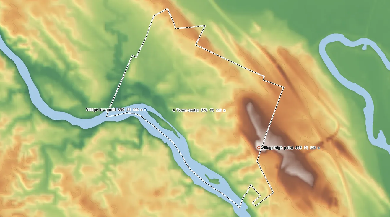 Topographic elevation map of Phoenix, New York, shaded from 350 ft on the west side to 440 ft on the southeast side