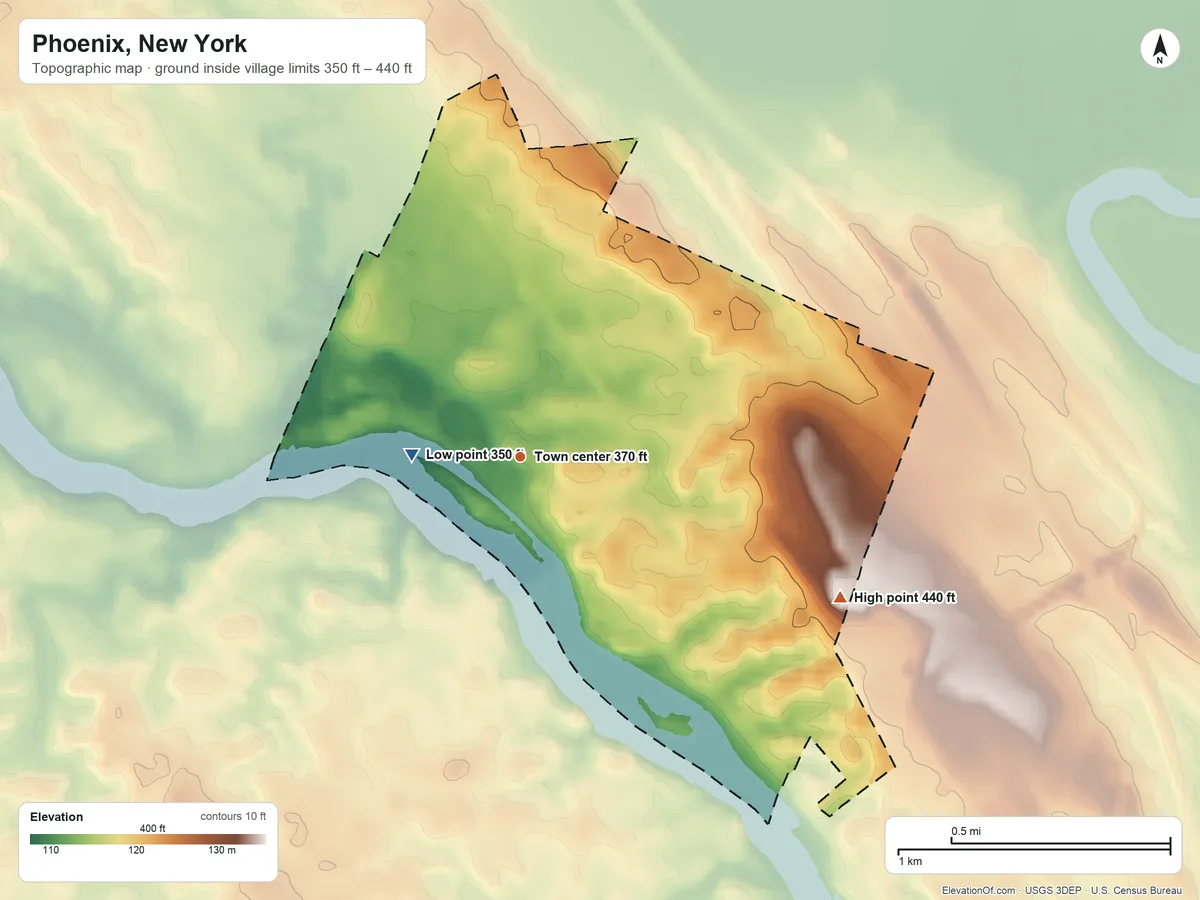Topographic elevation map of Phoenix, New York, shaded from 350 ft on the west side to 440 ft on the southeast side
