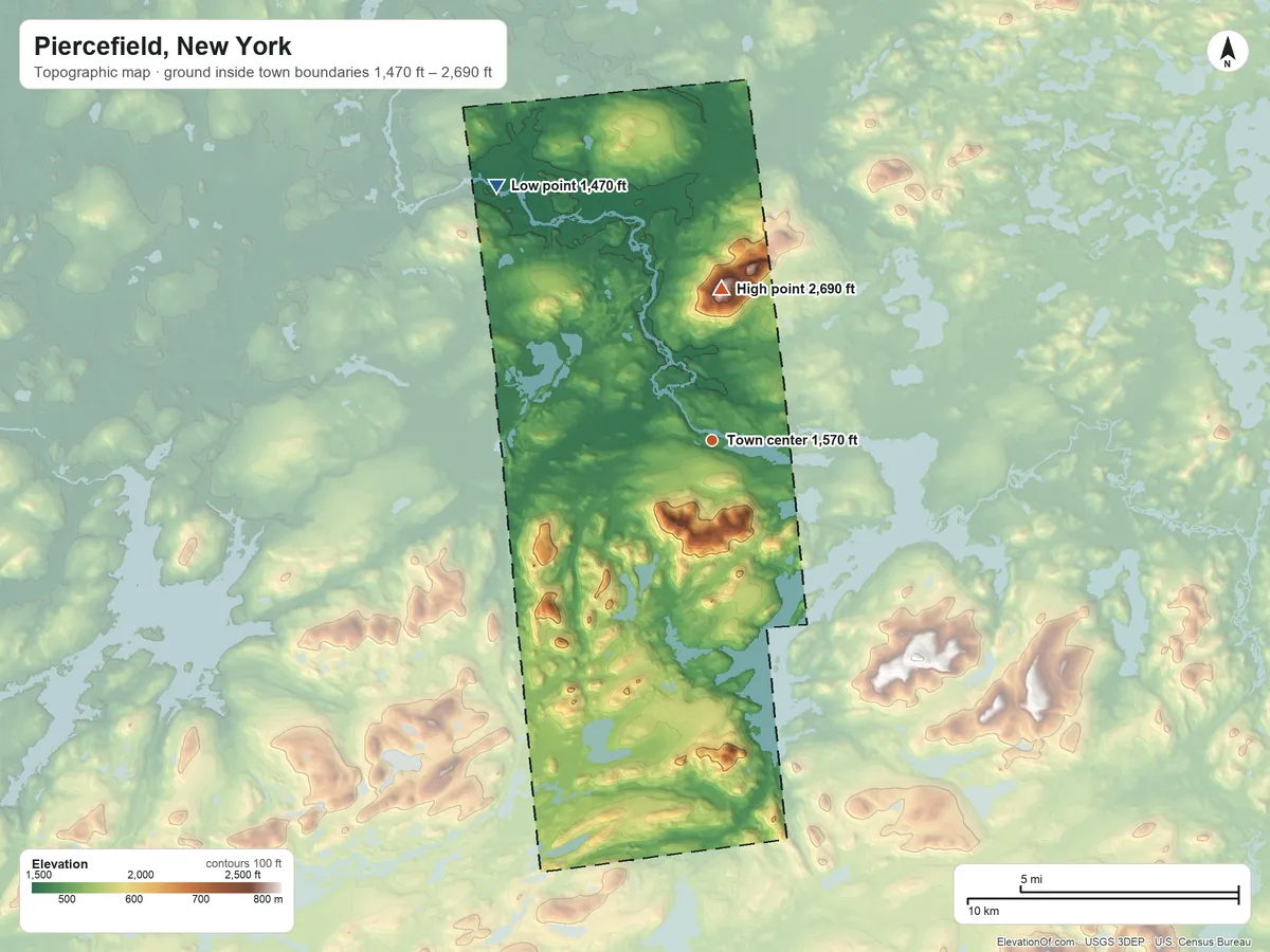 Topographic elevation map of Piercefield, New York, shaded from 1,470 ft on the northwest side to 2,690 ft on Mount Matumbla