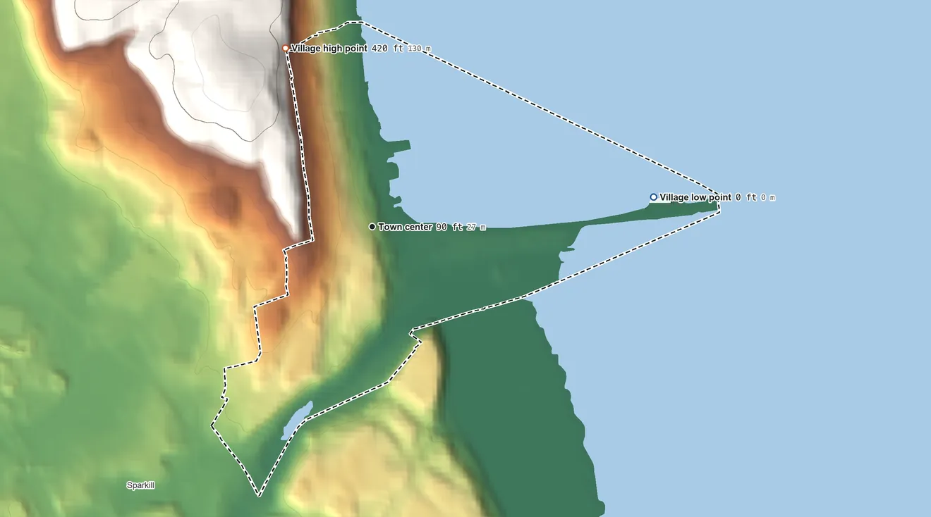 Topographic elevation map of Piermont, New York, shaded from 0 ft on the east side to 420 ft on the northwest side