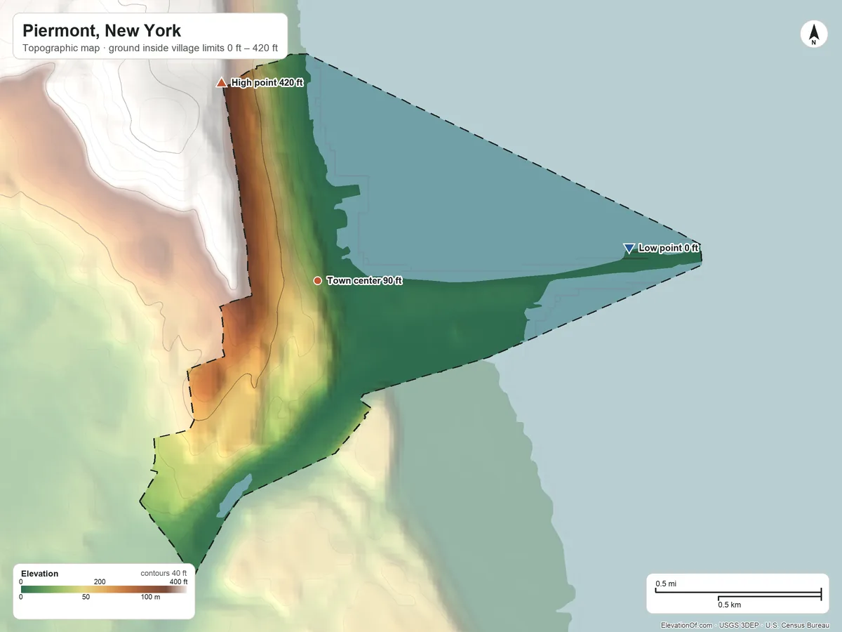 Topographic elevation map of Piermont, New York, shaded from 0 ft on the east side to 420 ft on the northwest side