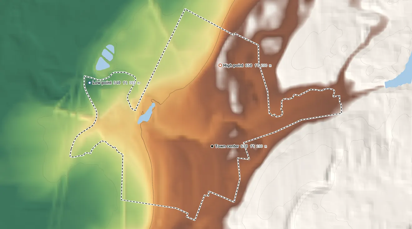 Topographic elevation map of Pierrepont Manor, New York, shaded from 540 ft on the northwest side to 650 ft on the north side