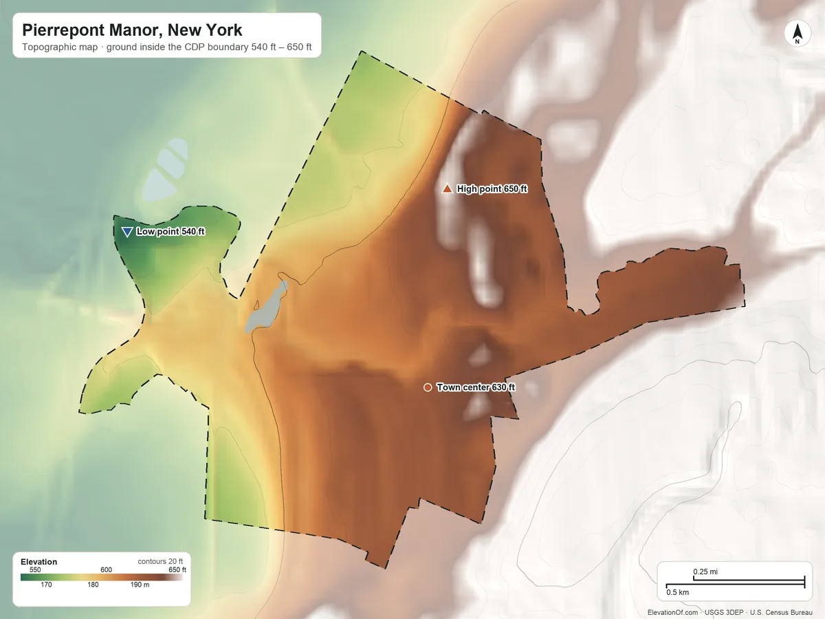 Topographic elevation map of Pierrepont Manor, New York, shaded from 540 ft on the northwest side to 650 ft on the north side
