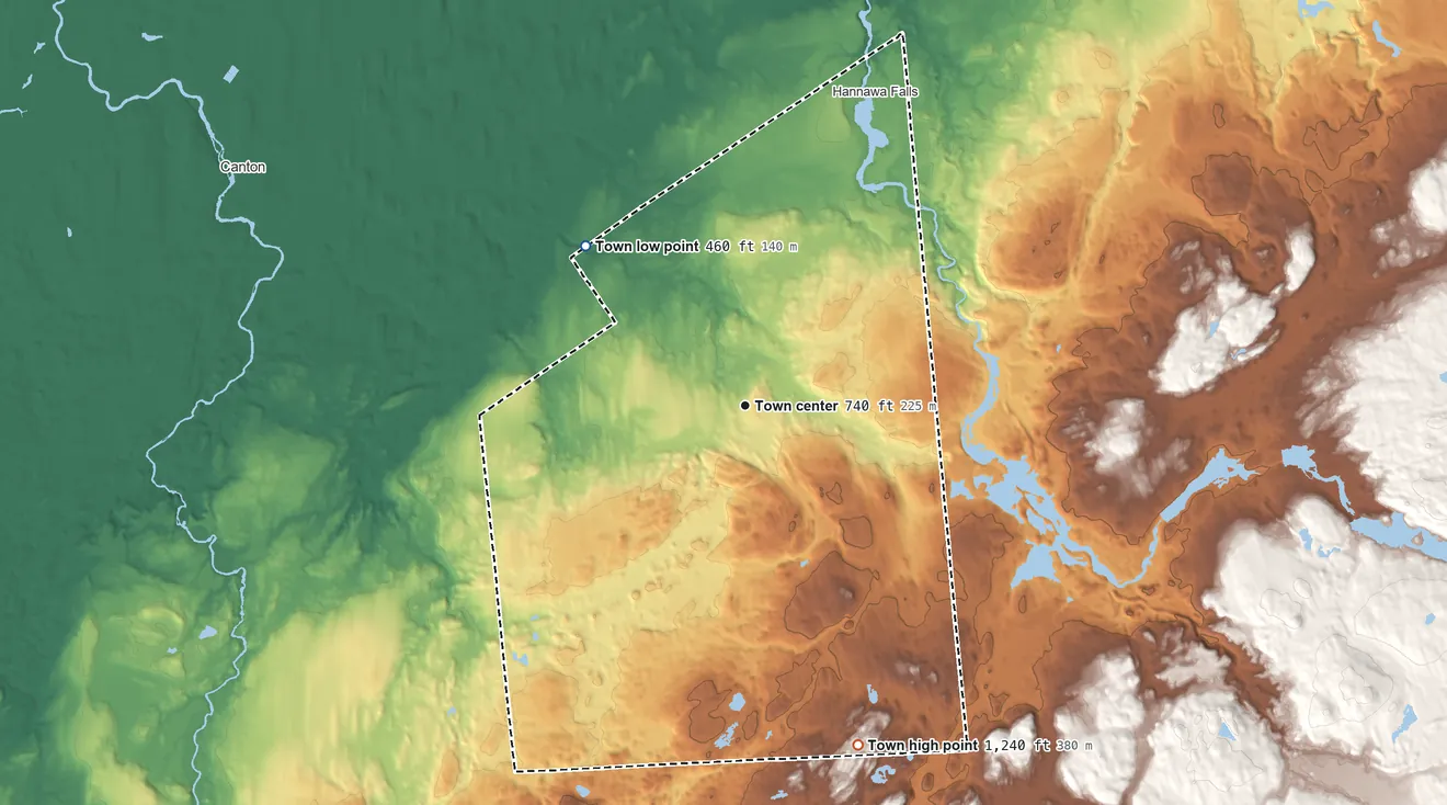 Topographic elevation map of Pierrepont, New York, shaded from 460 ft on the northwest side to 1,240 ft on the south side