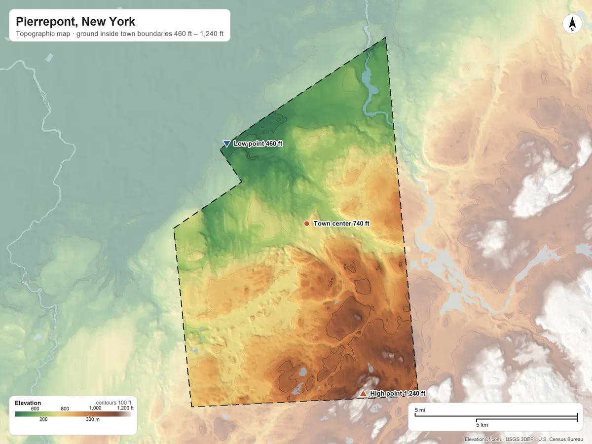 Topographic elevation map of Pierrepont, New York, shaded from 460 ft on the northwest side to 1,240 ft on the south side