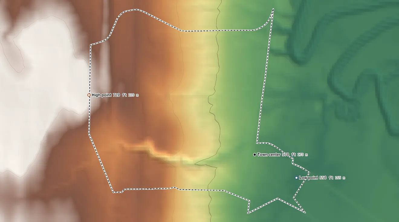 Topographic elevation map of Piffard, New York, shaded from 550 ft on the southeast side to 720 ft on the west side