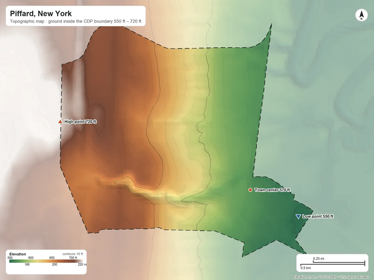 Topographic elevation map of Piffard, New York, shaded from 550 ft on the southeast side to 720 ft on the west side