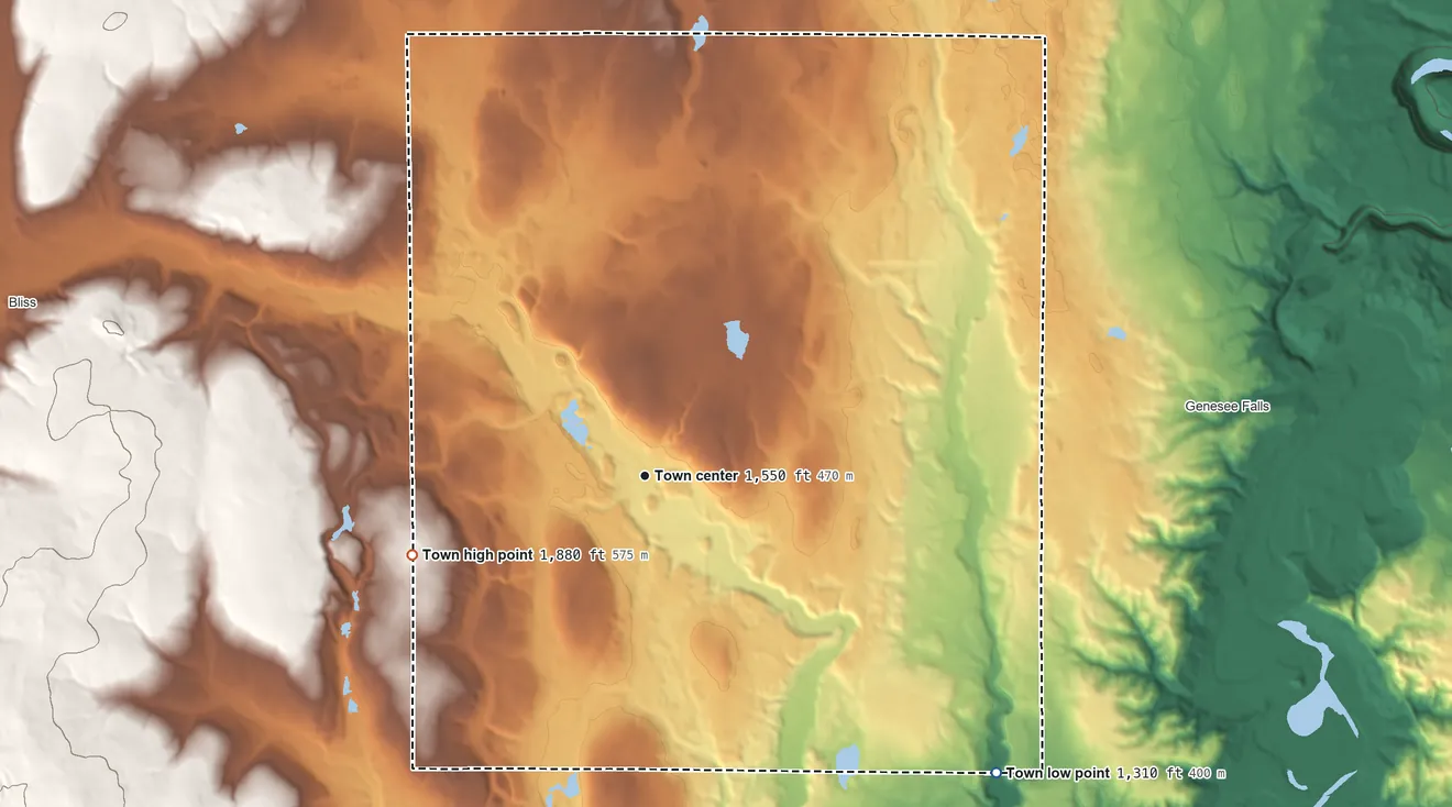 Topographic elevation map of Pike, New York, shaded from 1,310 ft on the southeast side to 1,880 ft on the west side