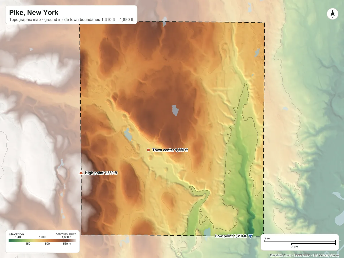 Topographic elevation map of Pike, New York, shaded from 1,310 ft on the southeast side to 1,880 ft on the west side