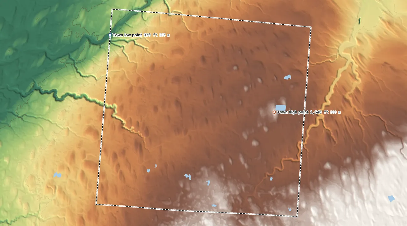 Topographic elevation map of Pinckney, New York, shaded from 930 ft on the northwest side to 1,640 ft on the east side