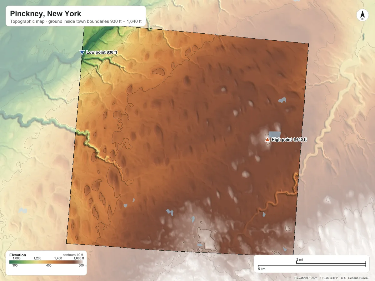 Topographic elevation map of Pinckney, New York, shaded from 930 ft on the northwest side to 1,640 ft on the east side