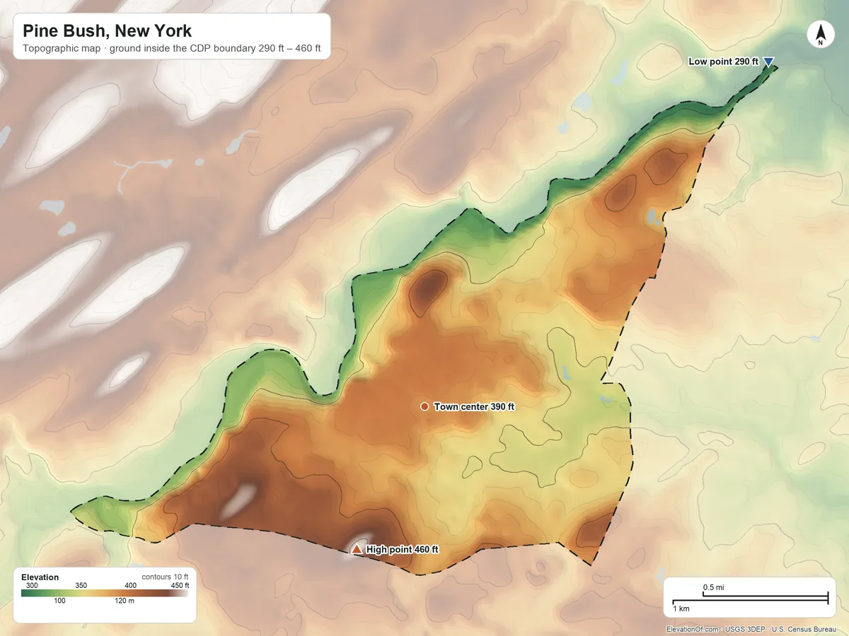 Topographic elevation map of Pine Bush, New York, shaded from 290 ft on the northeast side to 460 ft on the southwest side