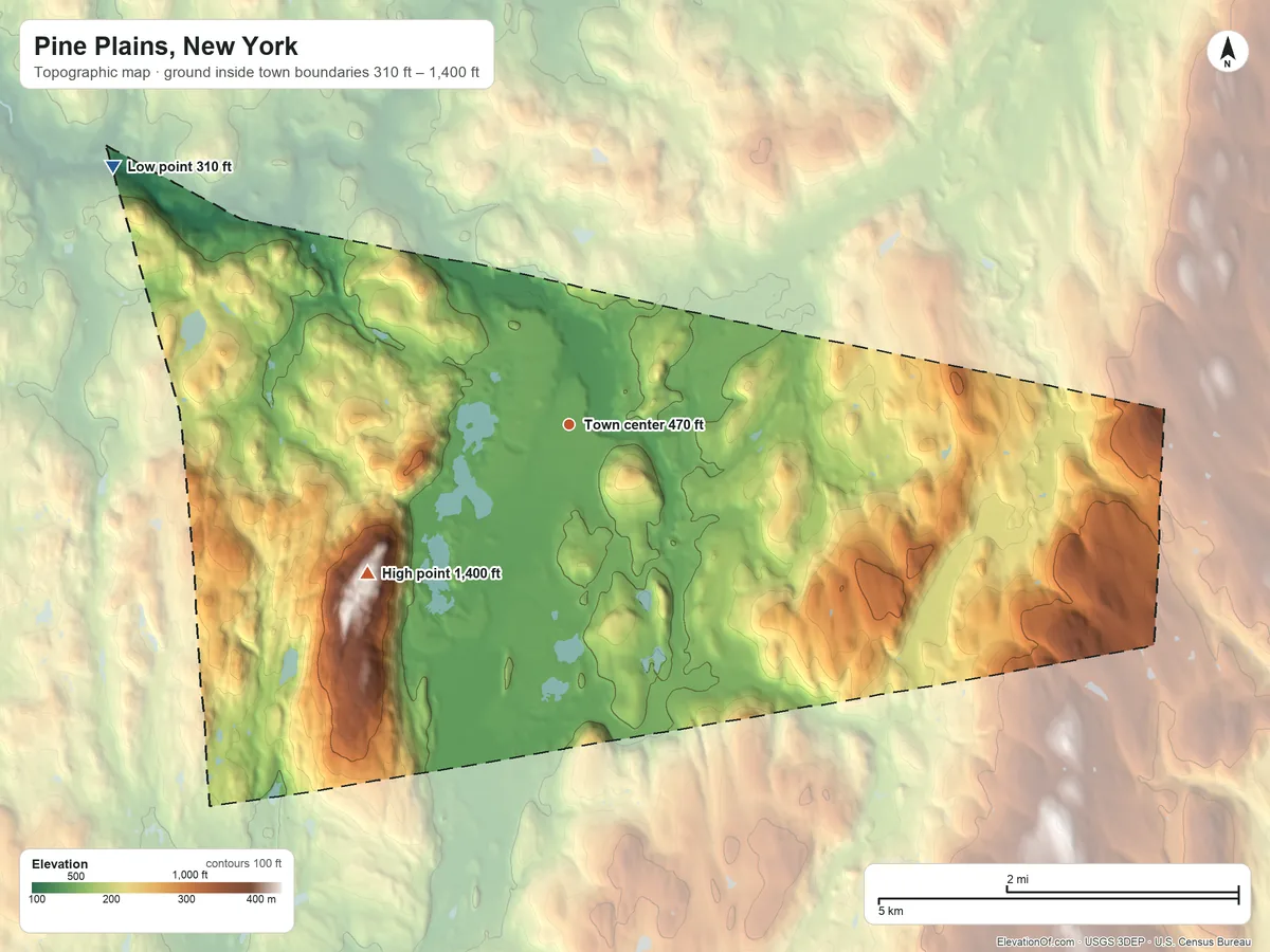 Topographic elevation map of Pine Plains, New York, shaded from 310 ft on the northwest side to 1,400 ft on the southwest side