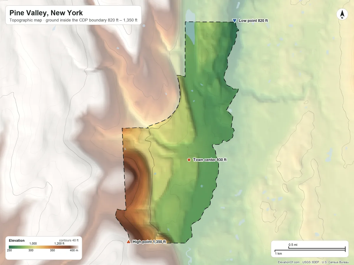 Topographic elevation map of Pine Valley, New York, shaded from 820 ft on the north side to 1,350 ft on the southwest side