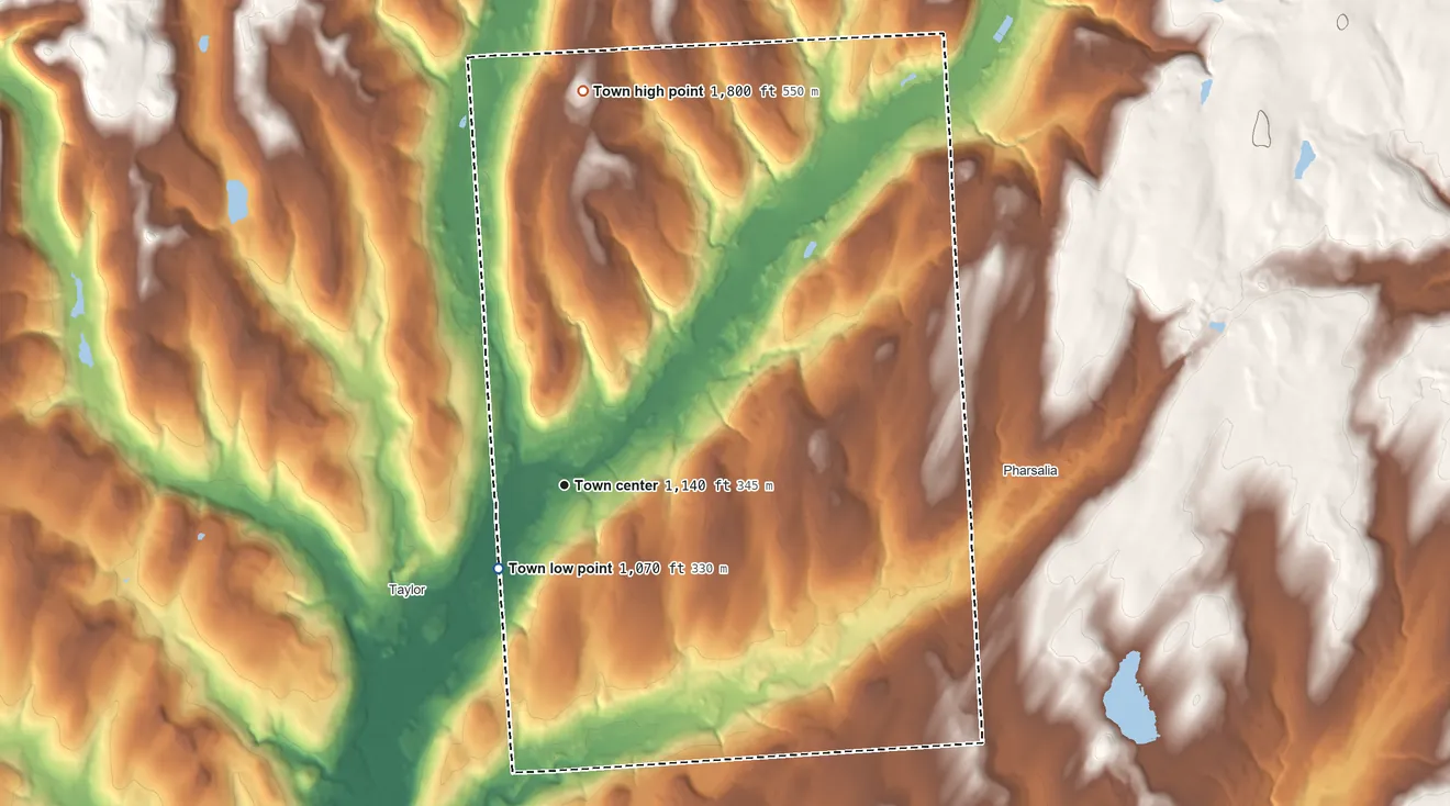Topographic elevation map of Pitcher, New York, shaded from 1,070 ft on the southwest side to 1,800 ft on the north side