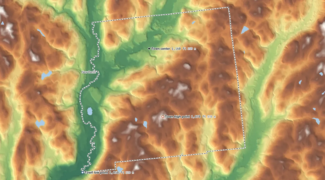 Topographic elevation map of Pittsfield, New York, shaded from 1,050 ft on the southwest side to 1,870 ft on the south side