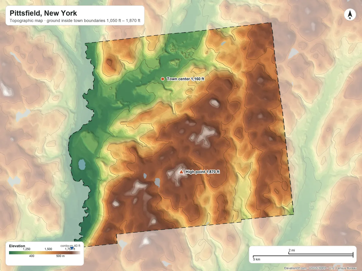 Topographic elevation map of Pittsfield, New York, shaded from 1,050 ft on the southwest side to 1,870 ft on the south side