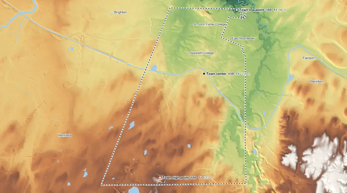 Topographic elevation map of Pittsford, New York, shaded from 300 ft on the northeast side to 800 ft on the southwest side
