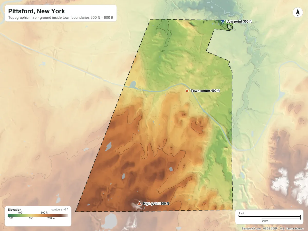 Topographic elevation map of Pittsford, New York, shaded from 300 ft on the northeast side to 800 ft on the southwest side