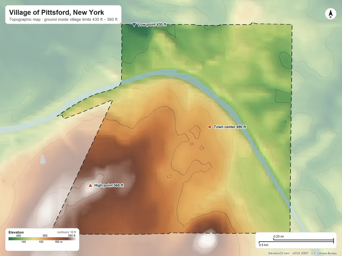 Topographic elevation map of Village of Pittsford, New York, shaded from 430 ft on the northwest side to 560 ft on the southwest side