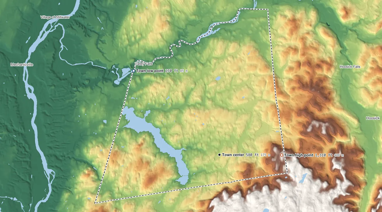 Topographic elevation map of Pittstown, New York, shaded from 270 ft on the northwest side to 1,310 ft on the east side
