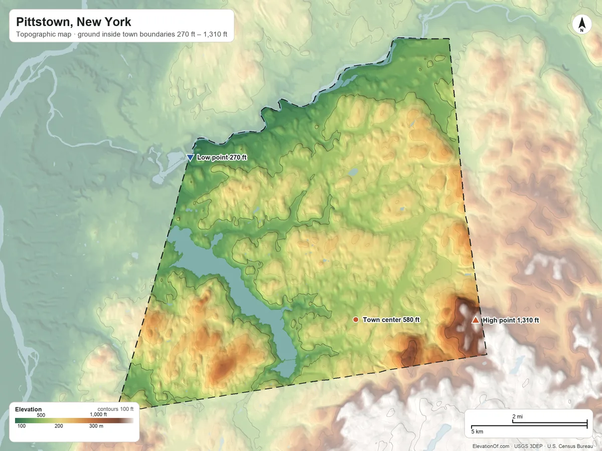 Topographic elevation map of Pittstown, New York, shaded from 270 ft on the northwest side to 1,310 ft on the east side