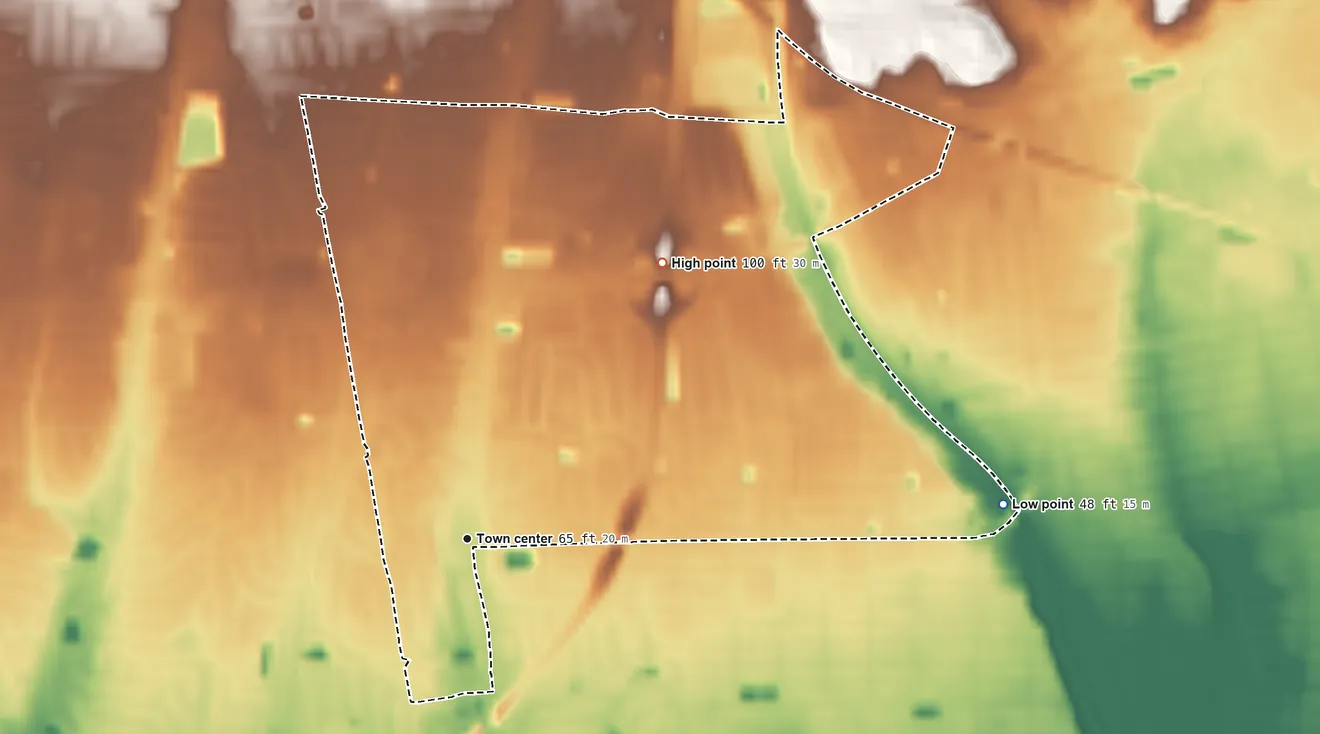 Topographic elevation map of Plainedge, New York, shaded from 48 ft on the east side to 100 ft on the northeast side