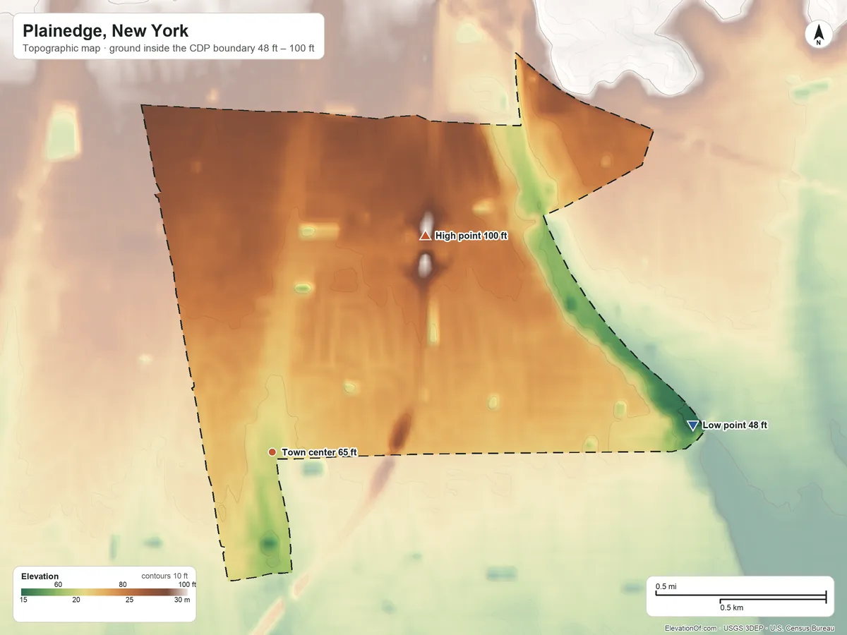 Topographic elevation map of Plainedge, New York, shaded from 48 ft on the east side to 100 ft on the northeast side