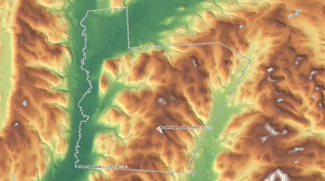 Topographic elevation map of Plainfield, New York, shaded from 1,130 ft on the southwest side to 1,980 ft on Noahs Rump