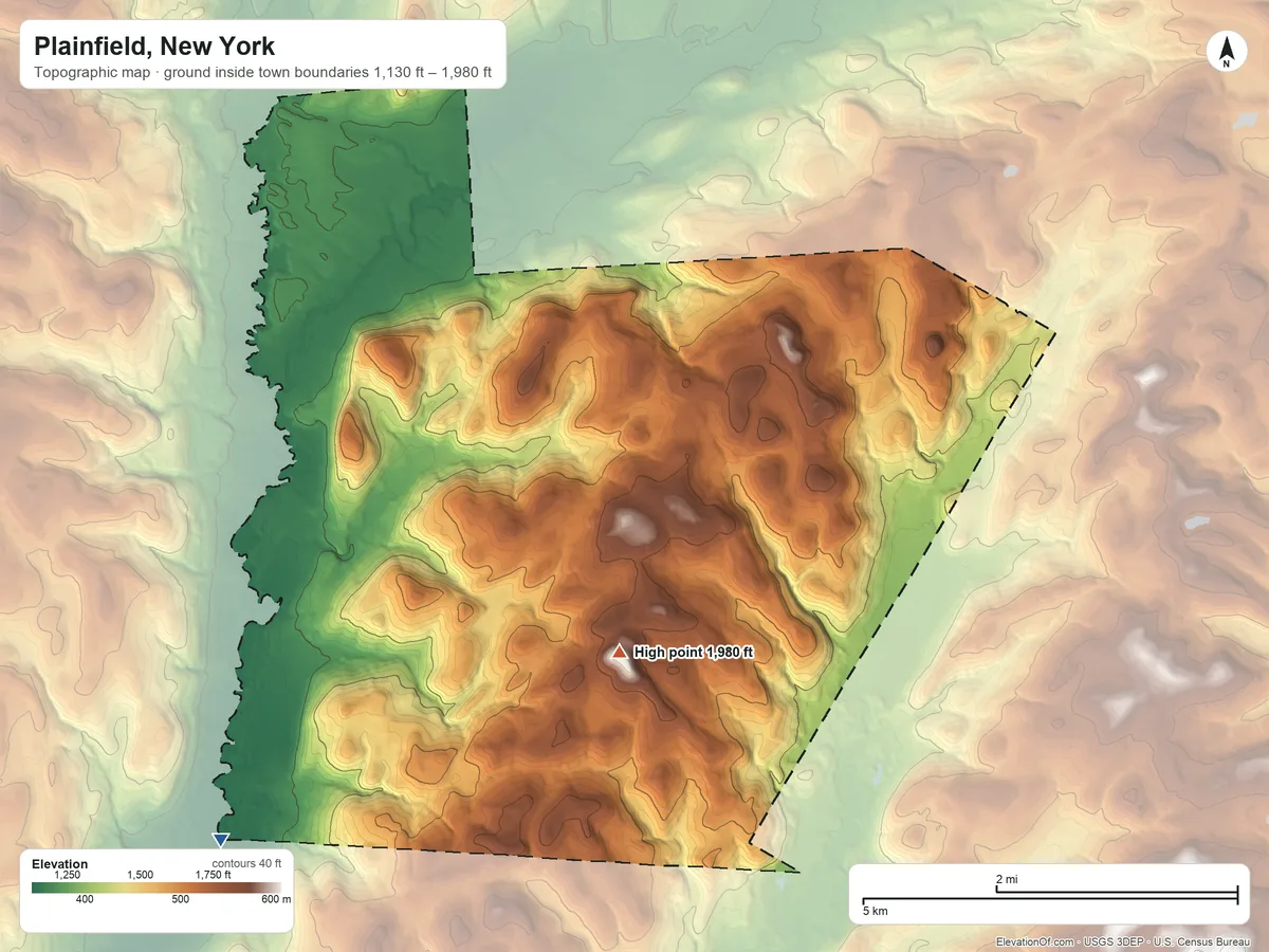 Topographic elevation map of Plainfield, New York, shaded from 1,130 ft on the southwest side to 1,980 ft on Noahs Rump