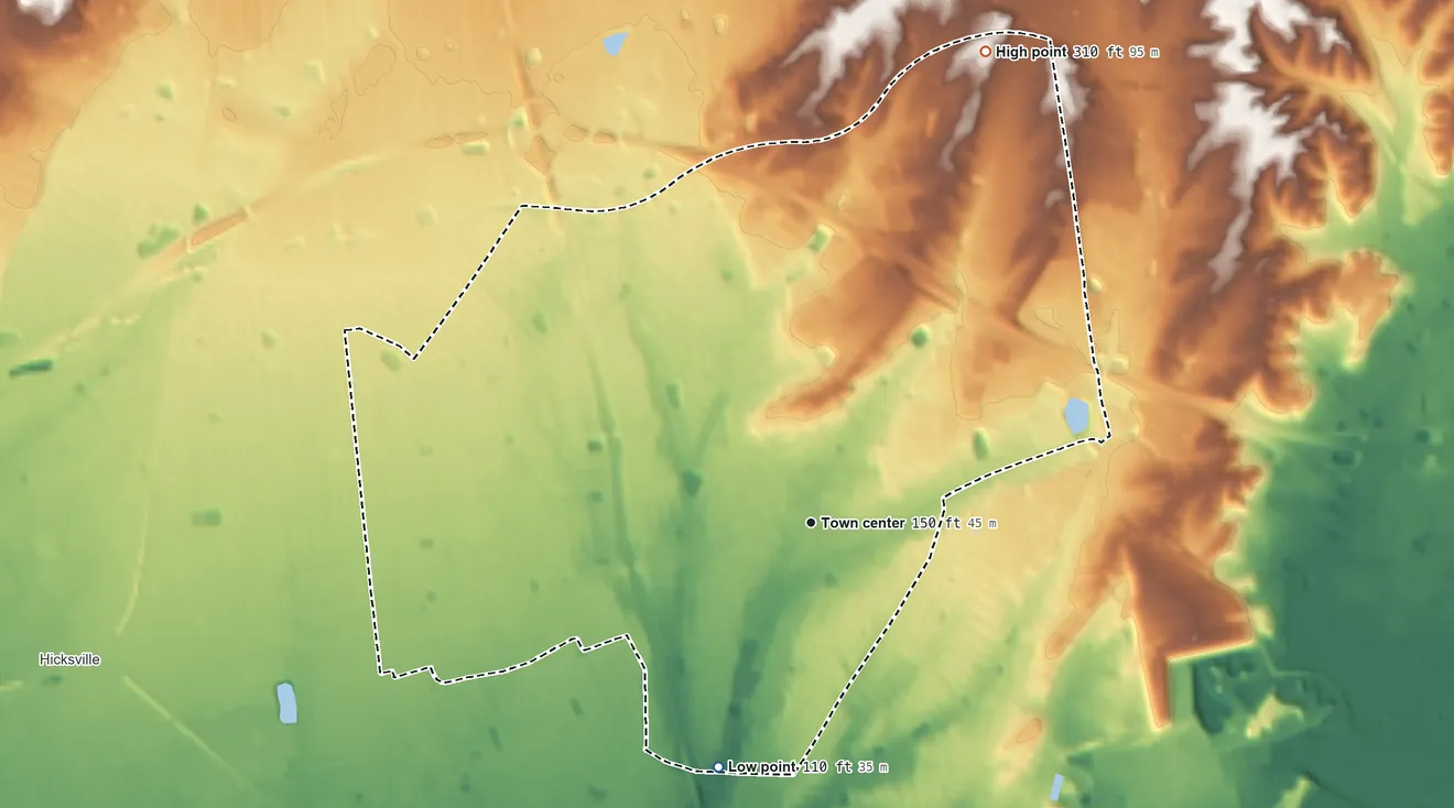 Topographic elevation map of Plainview, New York, shaded from 110 ft on the south side to 310 ft on the north side