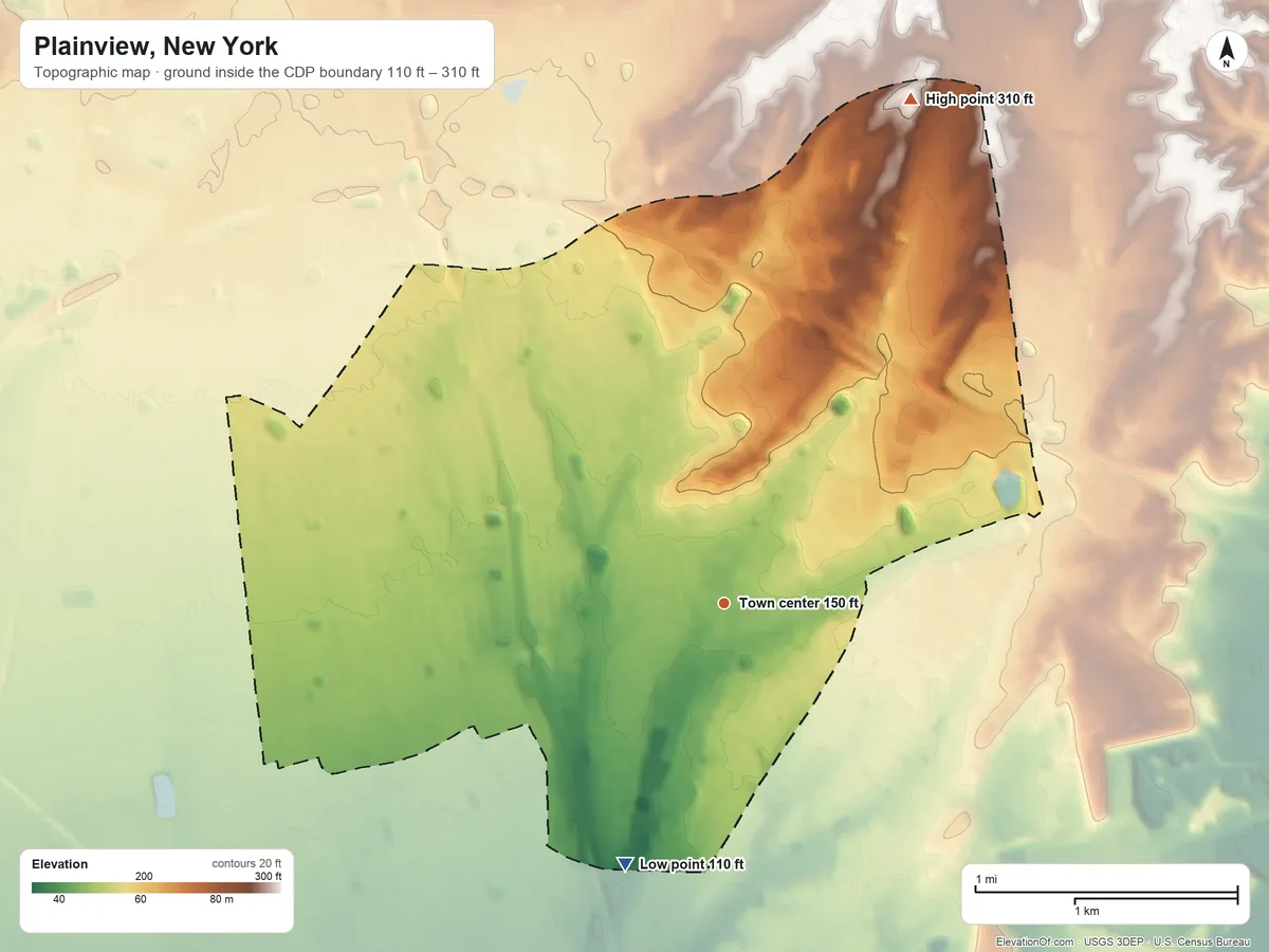 Topographic elevation map of Plainview, New York, shaded from 110 ft on the south side to 310 ft on the north side
