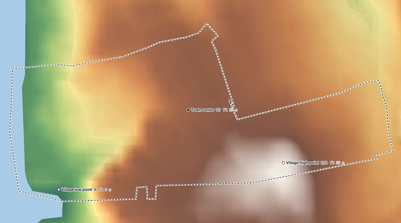 Topographic elevation map of Plandome Heights, New York, shaded from sea level level on Manhasset Bay to 110 ft on the southeast side