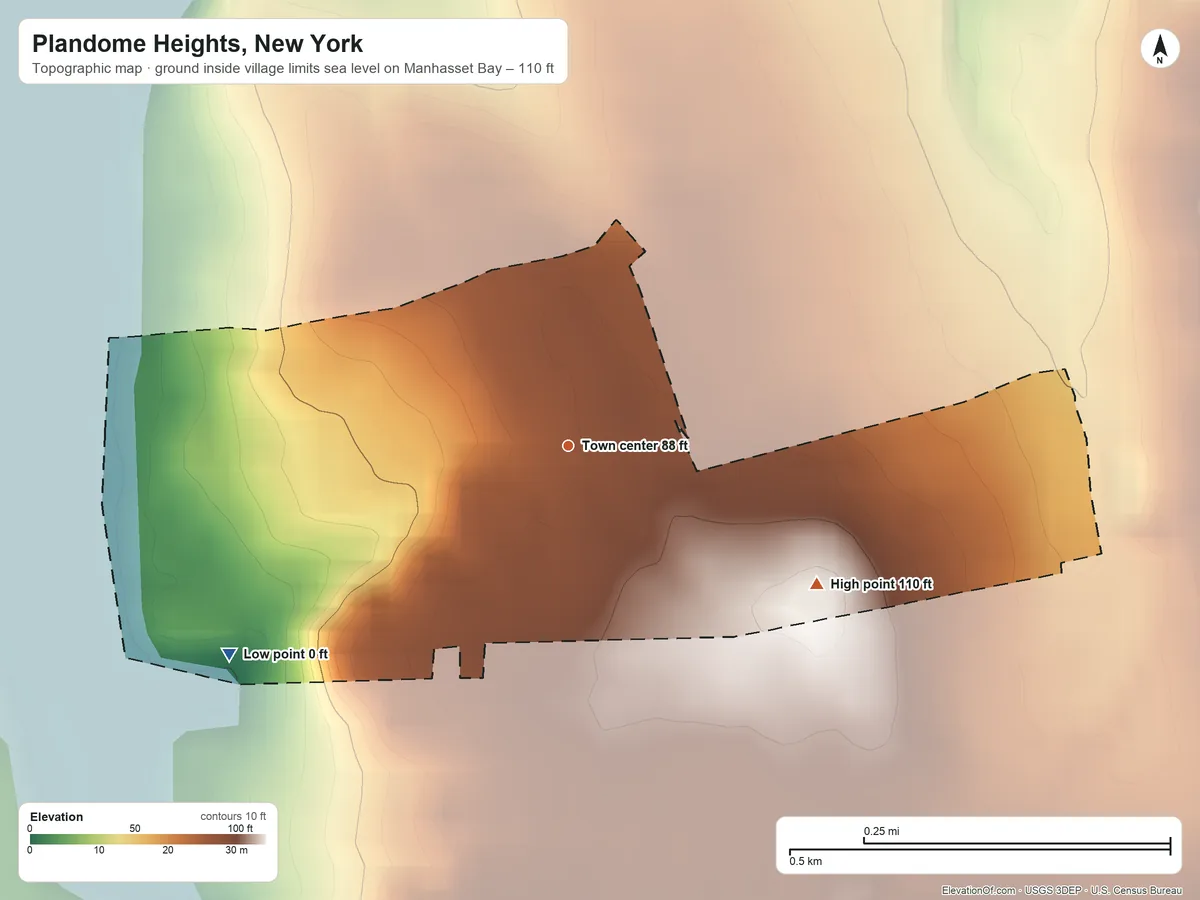 Topographic elevation map of Plandome Heights, New York, shaded from sea level level on Manhasset Bay to 110 ft on the southeast side