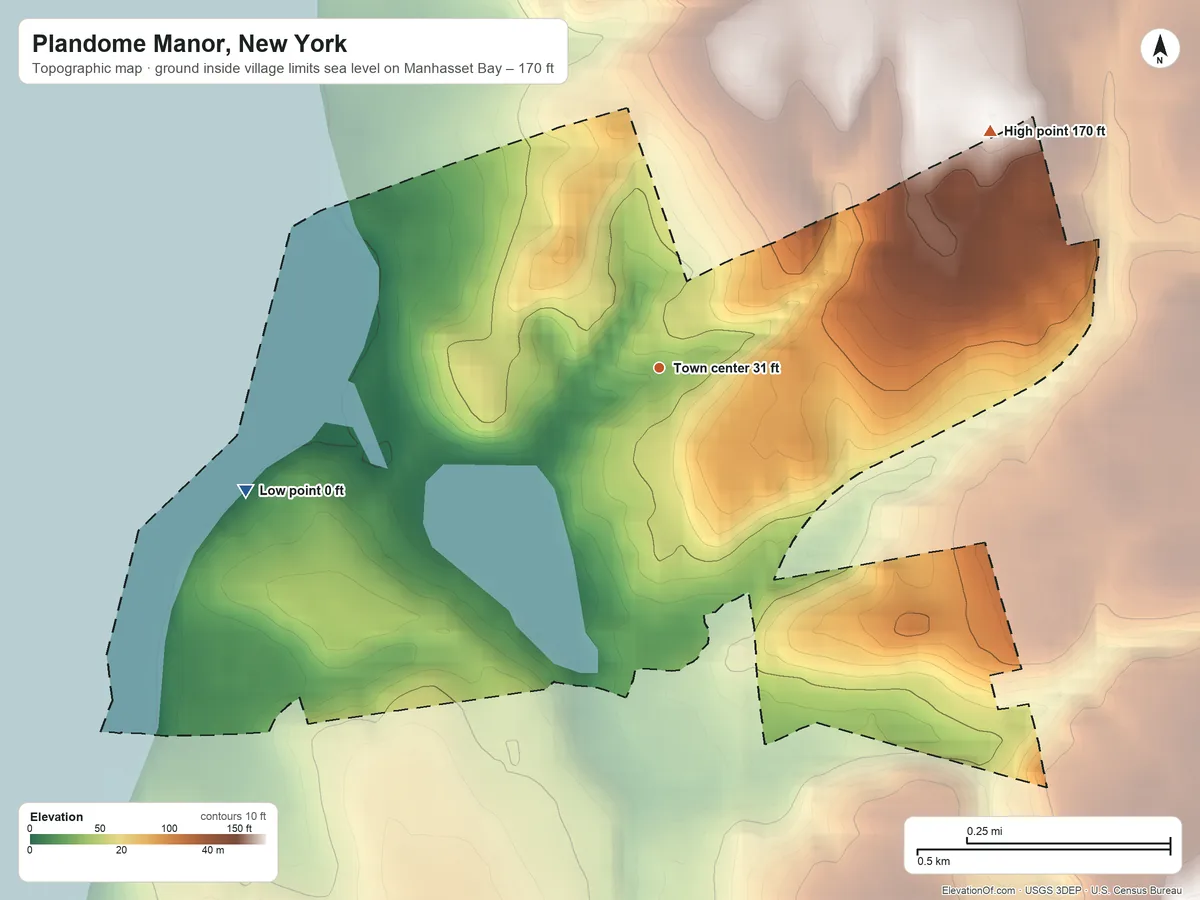 Topographic elevation map of Plandome Manor, New York, shaded from sea level level on Manhasset Bay to 170 ft on the northeast side