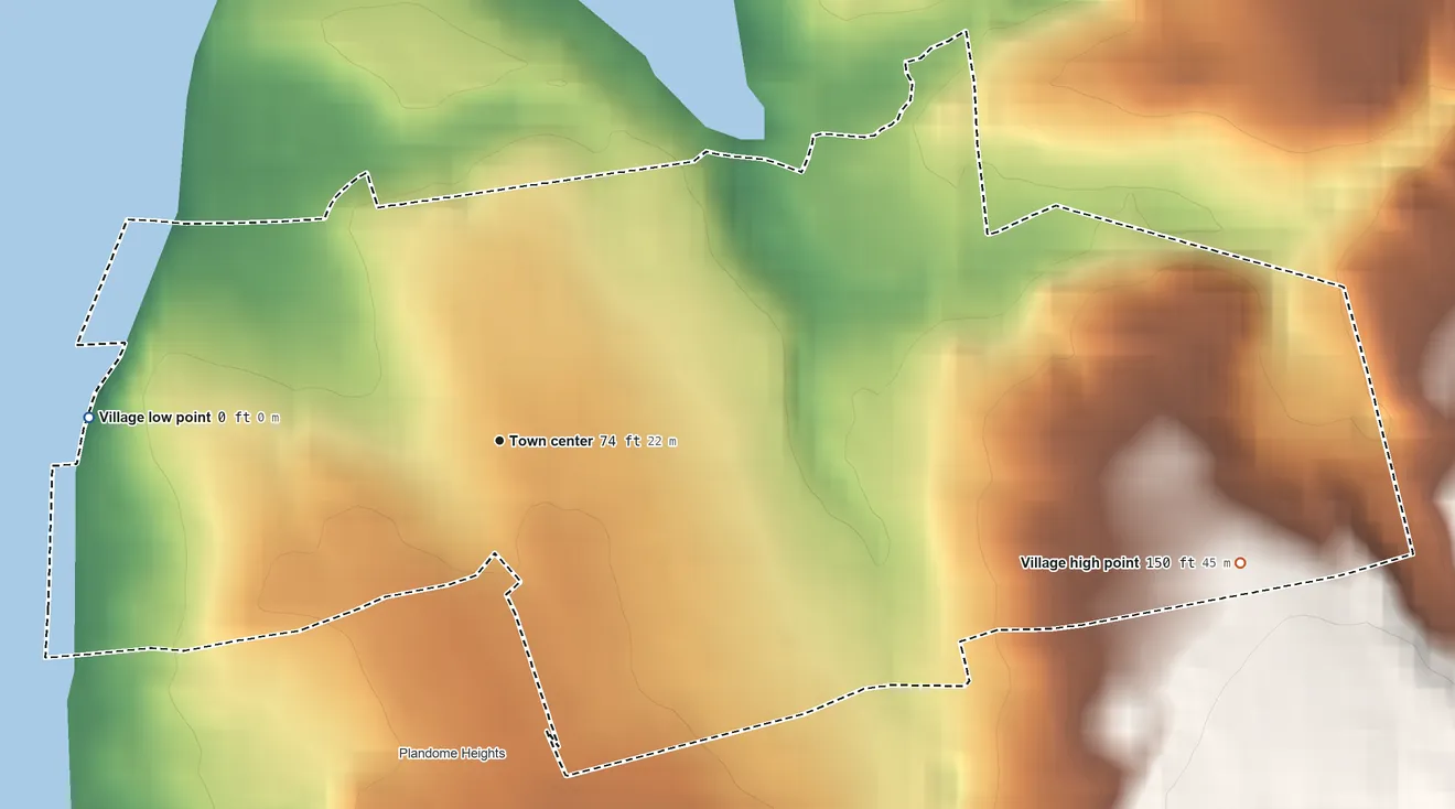 Topographic elevation map of Plandome, New York, shaded from sea level level on Manhasset Bay to 150 ft on the east side