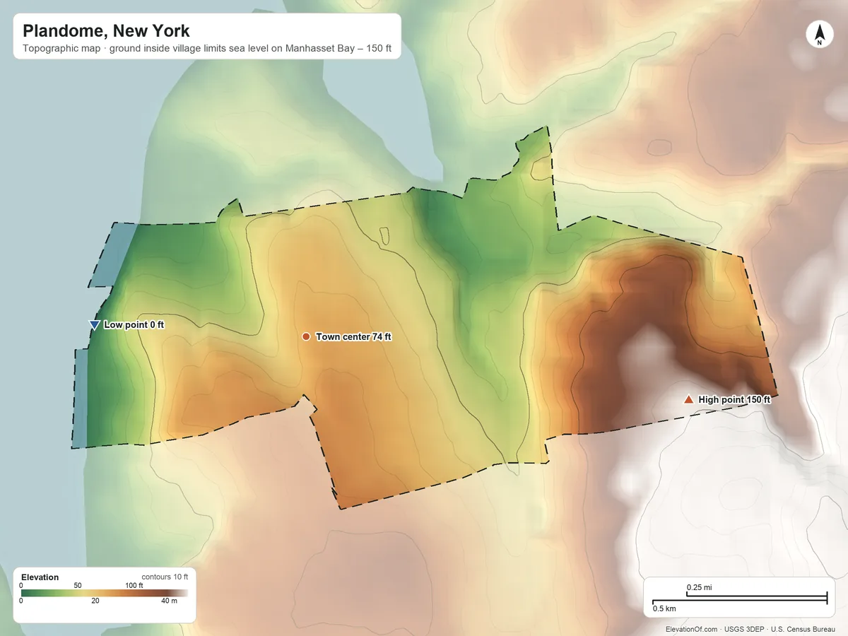 Topographic elevation map of Plandome, New York, shaded from sea level level on Manhasset Bay to 150 ft on the east side
