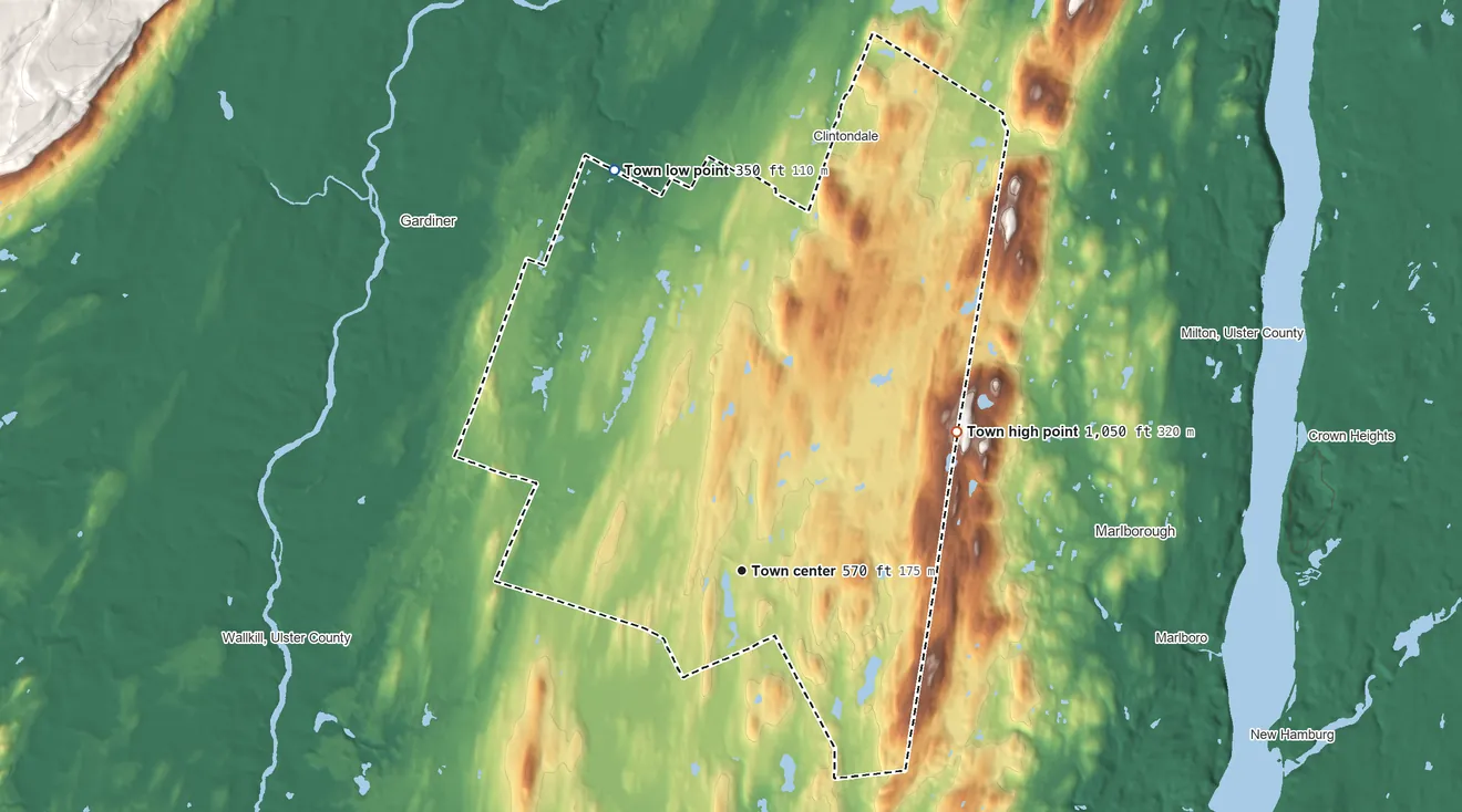 Topographic elevation map of Plattekill, New York, shaded from 350 ft on the north side to 1,050 ft on the northeast side
