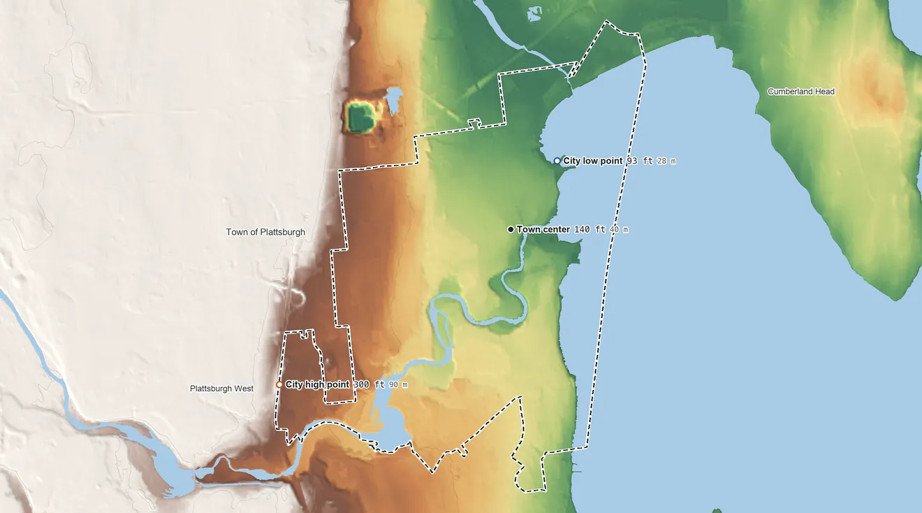 Topographic elevation map of Plattsburgh, New York, shaded from 93 ft on the northeast side to 300 ft on the southwest side