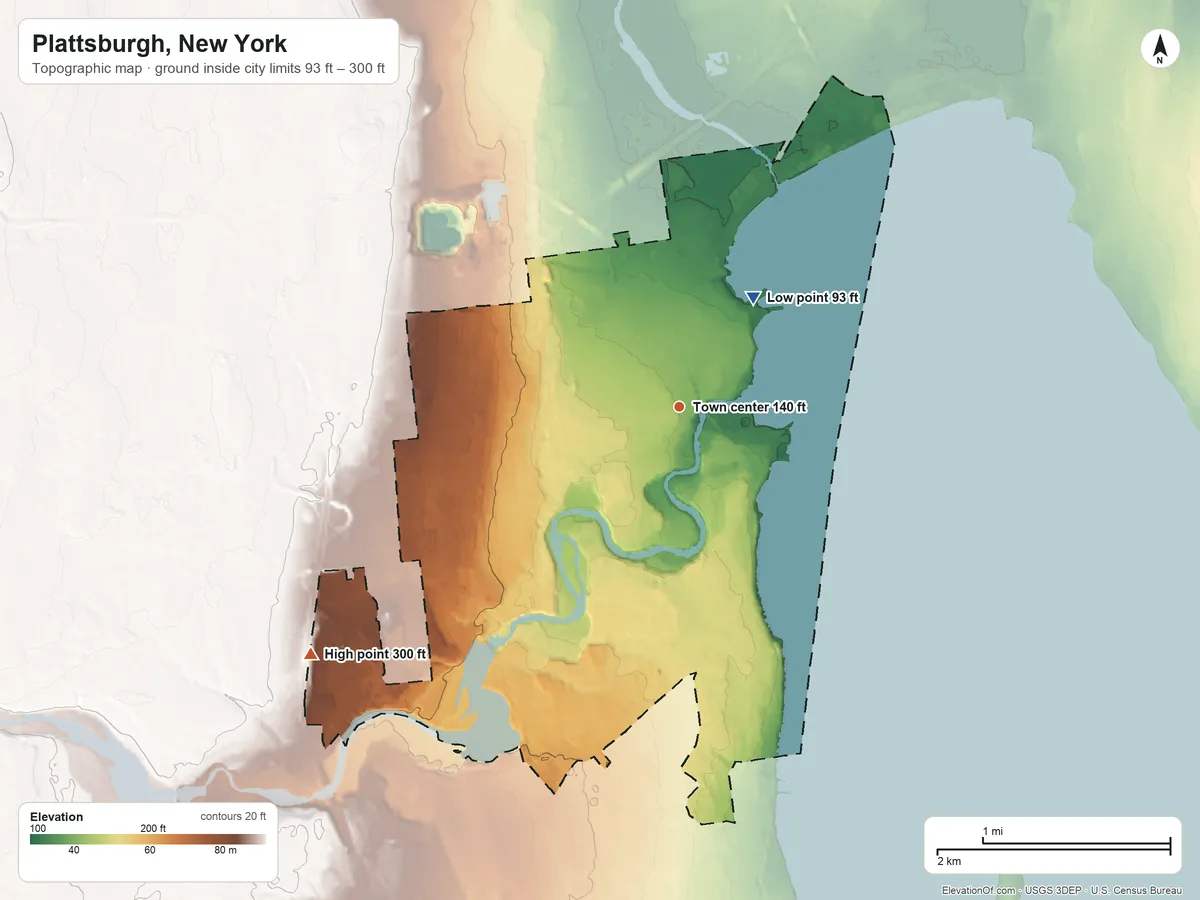 Topographic elevation map of Plattsburgh, New York, shaded from 93 ft on the northeast side to 300 ft on the southwest side