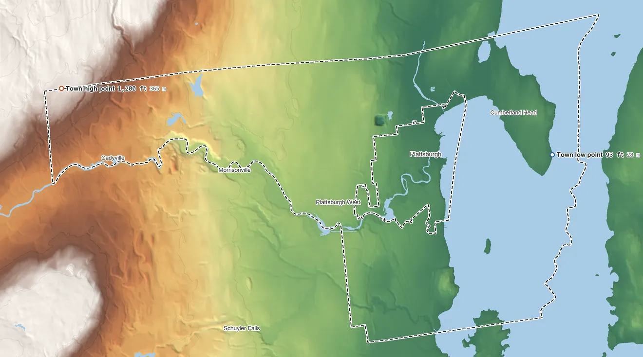Topographic elevation map of Town of Plattsburgh, New York, shaded from 93 ft on the east side to 1,200 ft on the west edge, below higher ground just outside