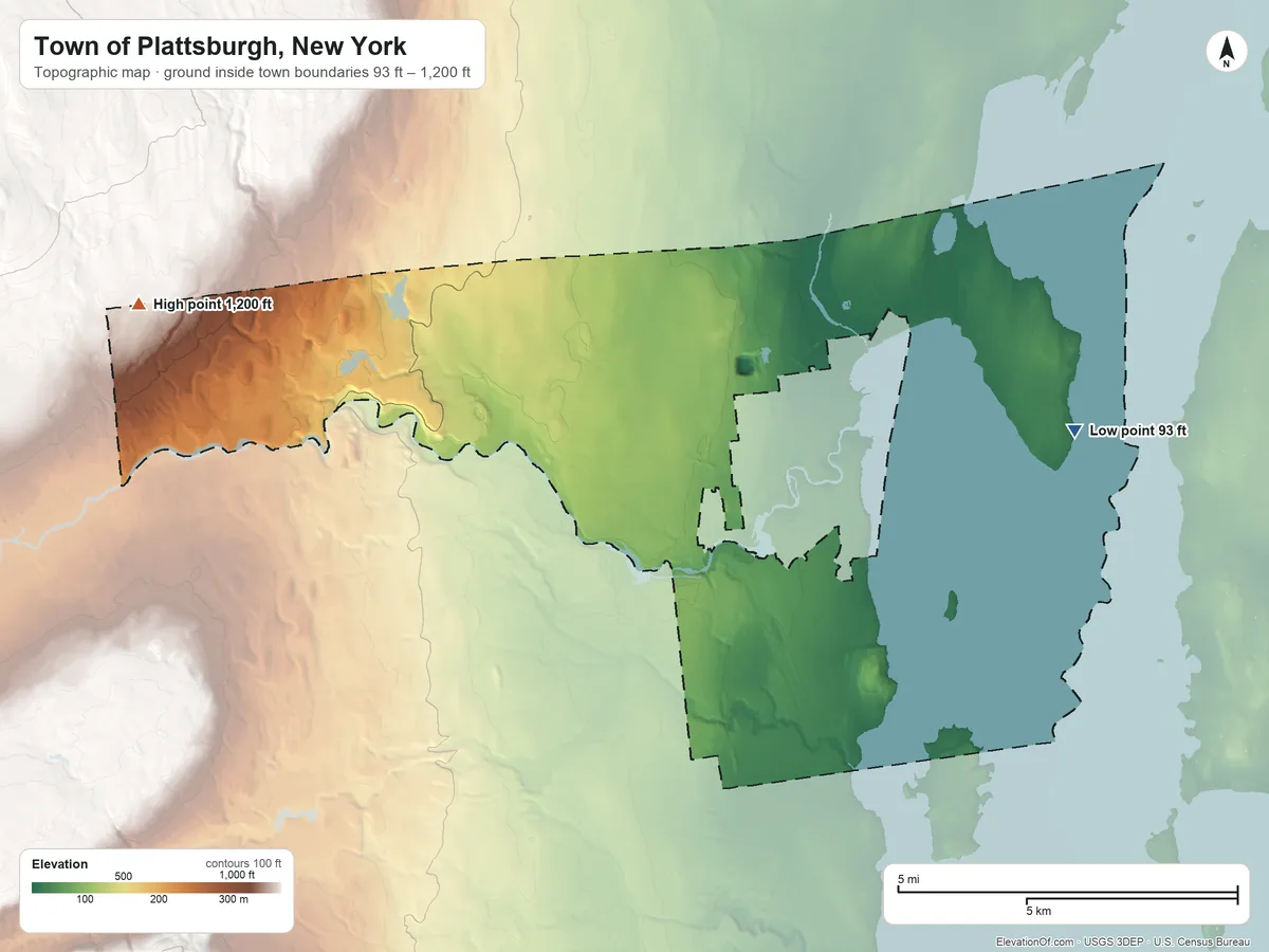 Topographic elevation map of Town of Plattsburgh, New York, shaded from 93 ft on the east side to 1,200 ft on the west edge, below higher ground just outside