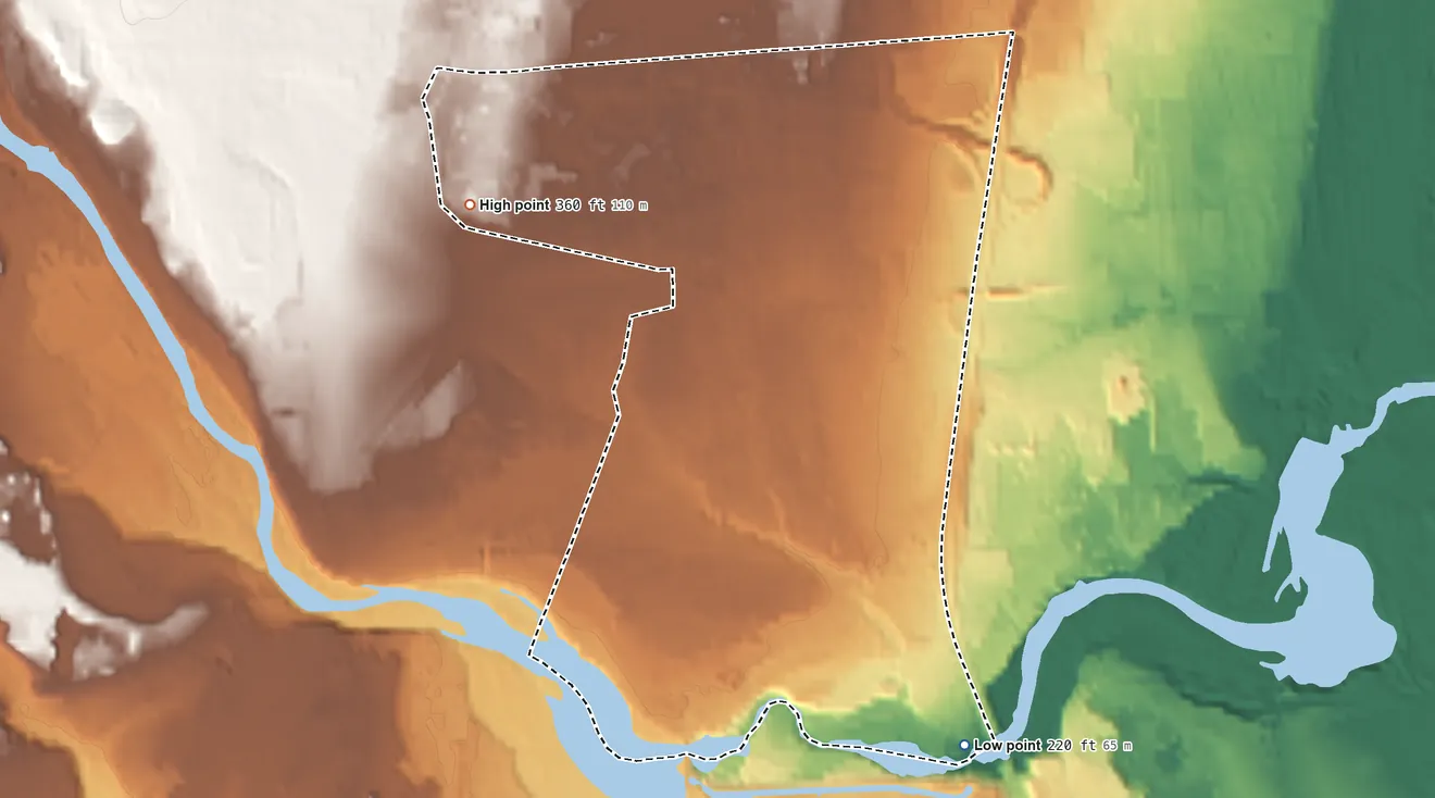 Topographic elevation map of Plattsburgh West, New York, shaded from 220 ft on the southeast side to 360 ft on the northwest side