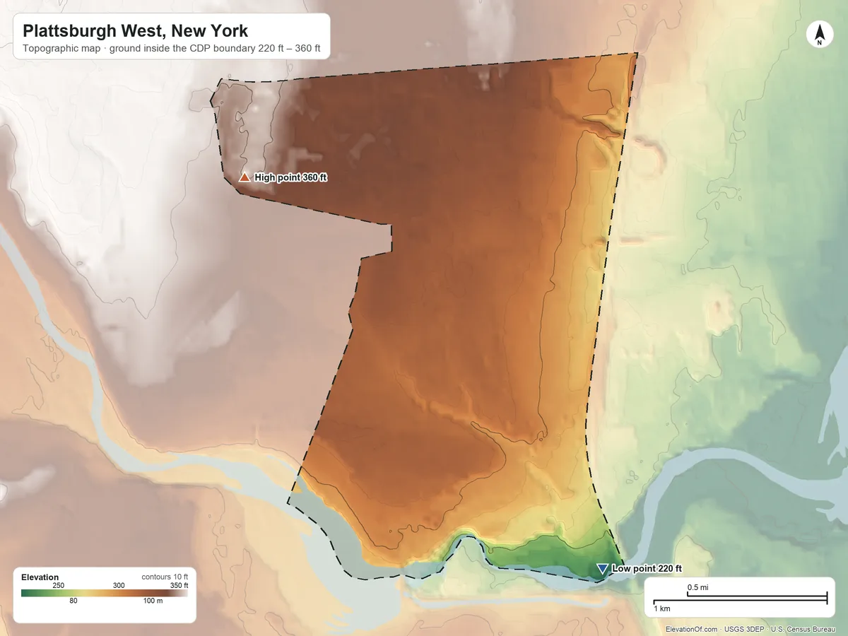 Topographic elevation map of Plattsburgh West, New York, shaded from 220 ft on the southeast side to 360 ft on the northwest side