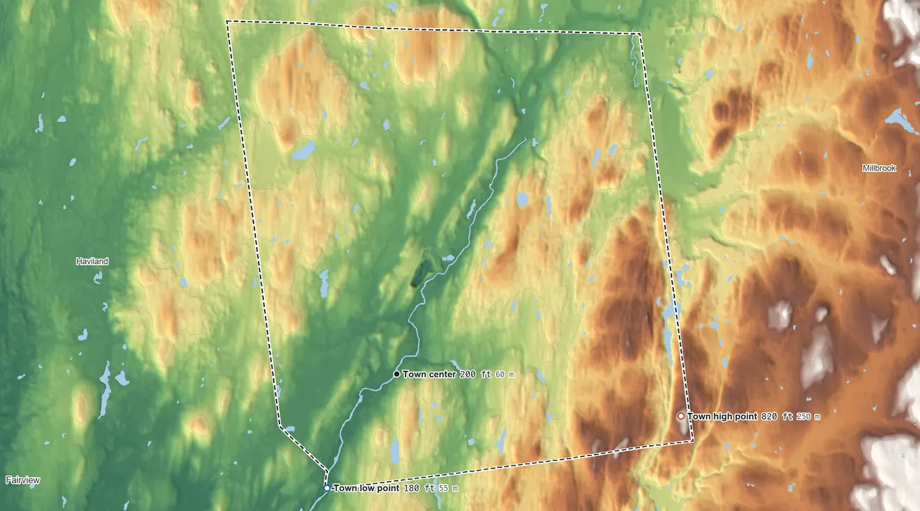 Topographic elevation map of Pleasant Valley, New York, shaded from 180 ft on the southwest side to 820 ft on the east side